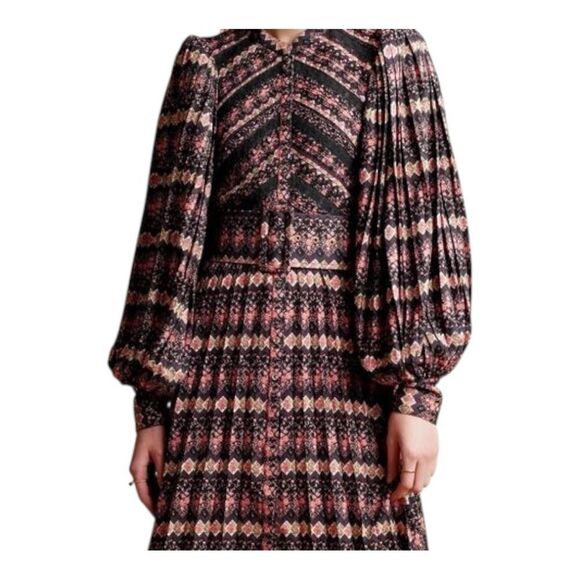 ByTimo Boho Printed Mini Dress Brown-Purple Long Sleeve Pleated Romantic Medium - Picture 4 of 7